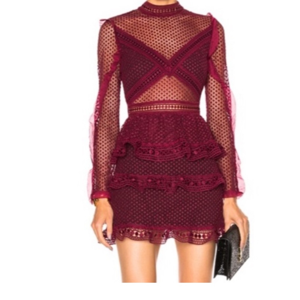 Self-Portrait Burgundy Guipure Lace Sheer Detail Tiered Mini Dress